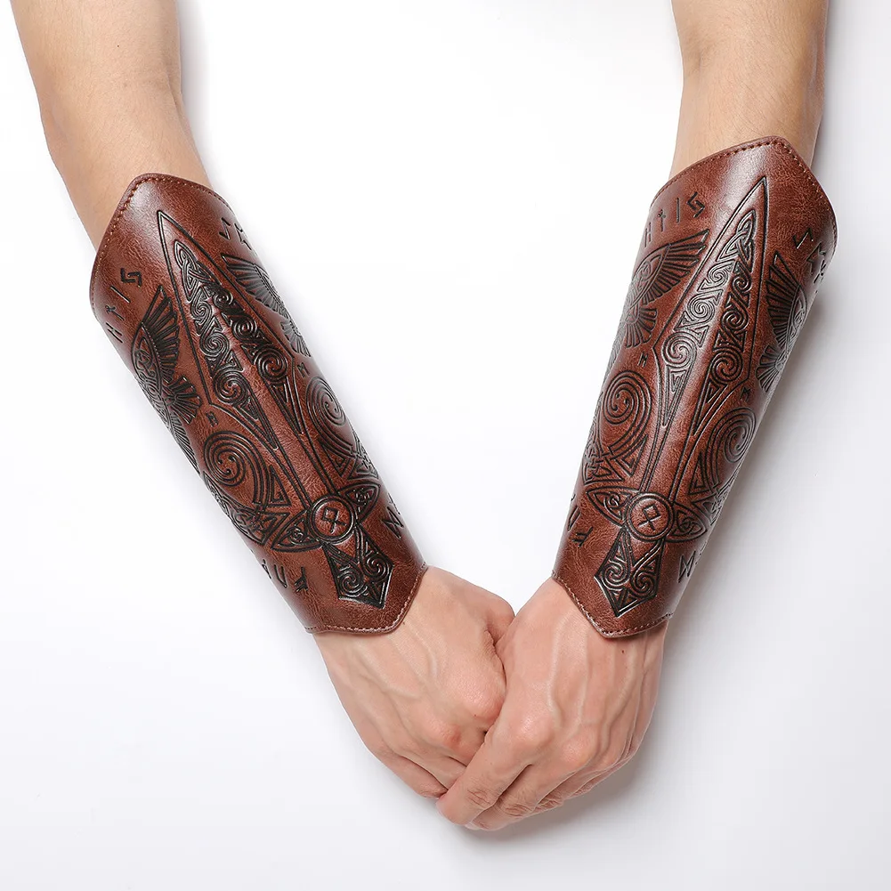 2er-Pack Kunstleder-Armbänder, Wikinger-Mittelalter-Armschützer, Armbänder, Renaissance-Kostümzubehör für Halloween, LARP, Cosplay – Detail 2