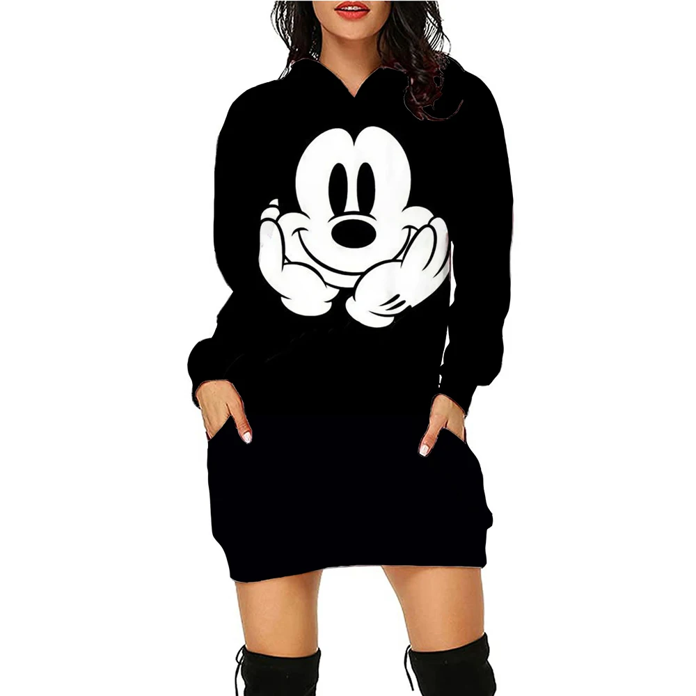 New Disney Series Mickey Mouse Minnie Hoodie Print Hooded Sweater Dress Casual Street Style Ladies Warm Sweater Dress