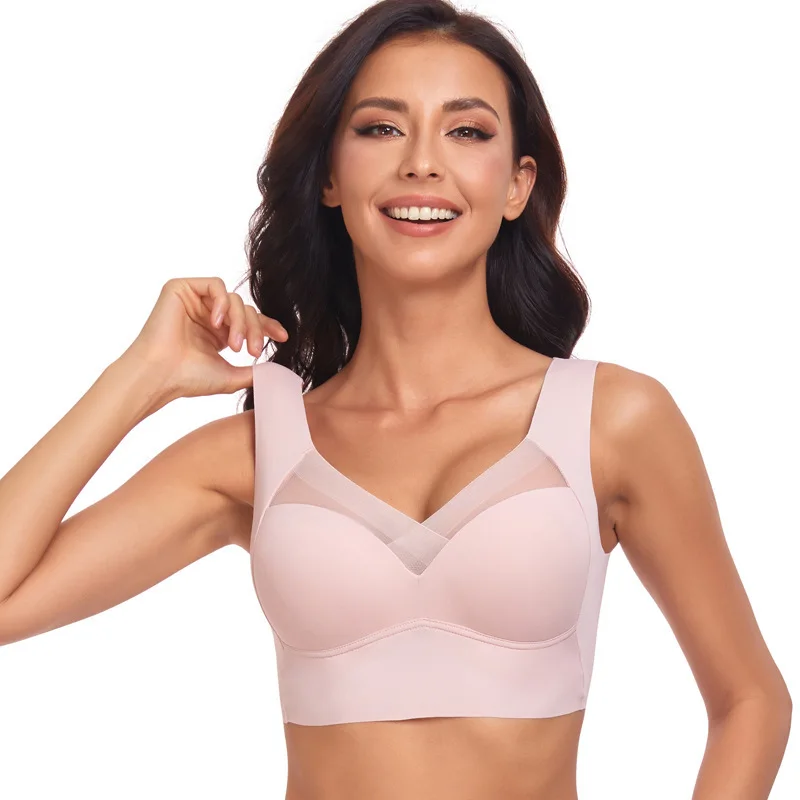 Women's Seamless Wireless Vest Bra Push Up Mesh V Neck Thin Soft Cup Bralette Back Smoothing Side Support Comfort Daily Wear