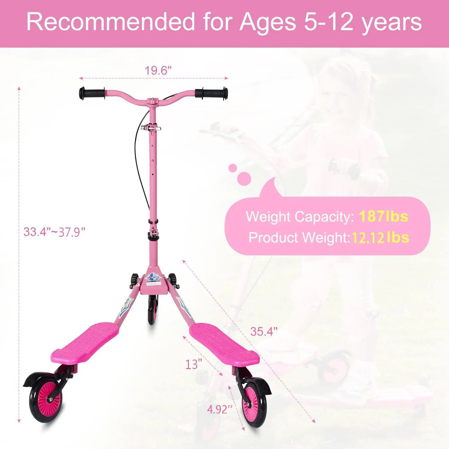 Scooter Swing Infantil com Altura Ajustável, Scooter Deriva, Scooters Wiggle, Dobrável para Meninos e Meninas, 3 Rodas, 5-12 Anos