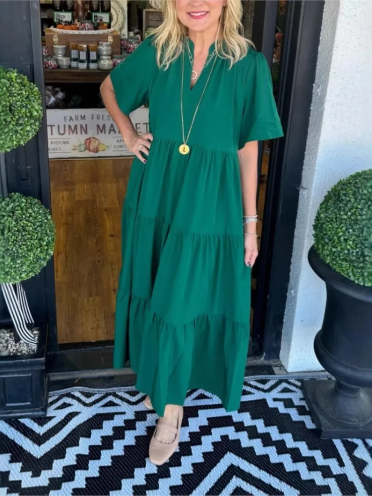 

Women's Fashion Ruffles Loose Dress Casual Solid Short Sleeve V Neck Pullover Dresses Robe Femme Holiday Womens Clothing Summer
