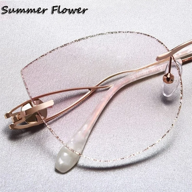 

Women Rimless Eyeglass Titanium Cat Eye Lens Elegant Prescription Glasses Round Diamonds Glasses Transparent Glass Fashion Gafas