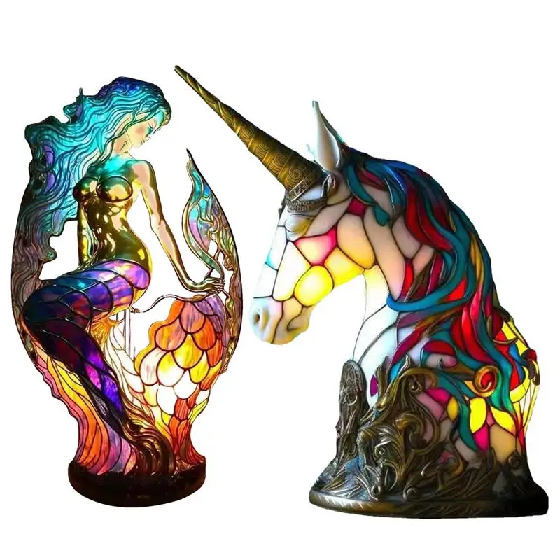 Unicorns Figurine Table Light Mermaid Girl Shape Night Lights Resin Cute Animal Series Desk Lamp Holiday Light Home Decorations