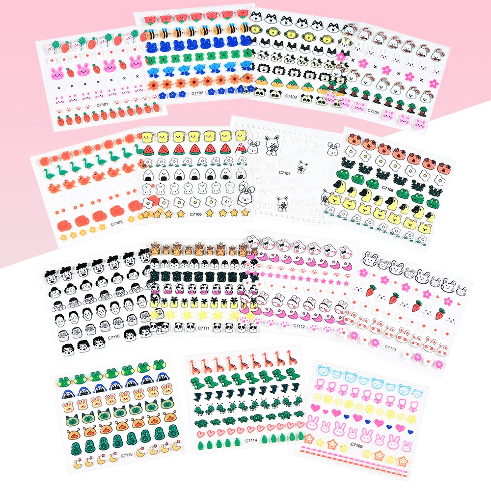 15pcs Kids Cartoon Nail Stickers Shiny Cute Flowers Animals Colorful Nail Accessory Ornaments DIY Decal Children Toy Girl Gifts