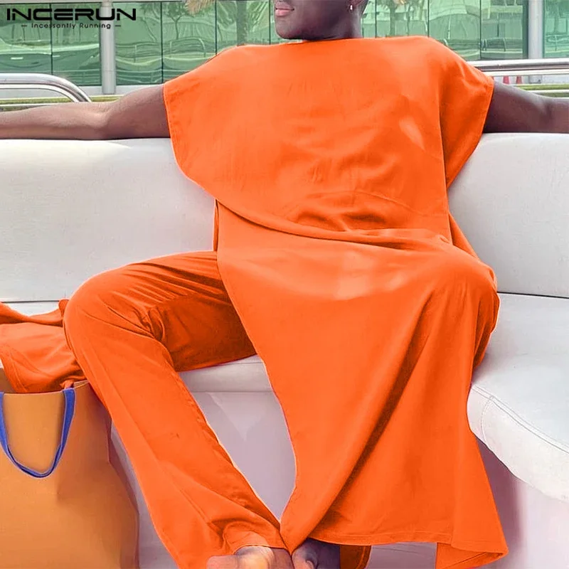 INCERUN 남성 무슬림 의류 세트 사우디아라비아 솔리드 O넥 민소매 카프탄 주바 토브 & 팬츠 2PCS 2025 이슬람 남성 정장