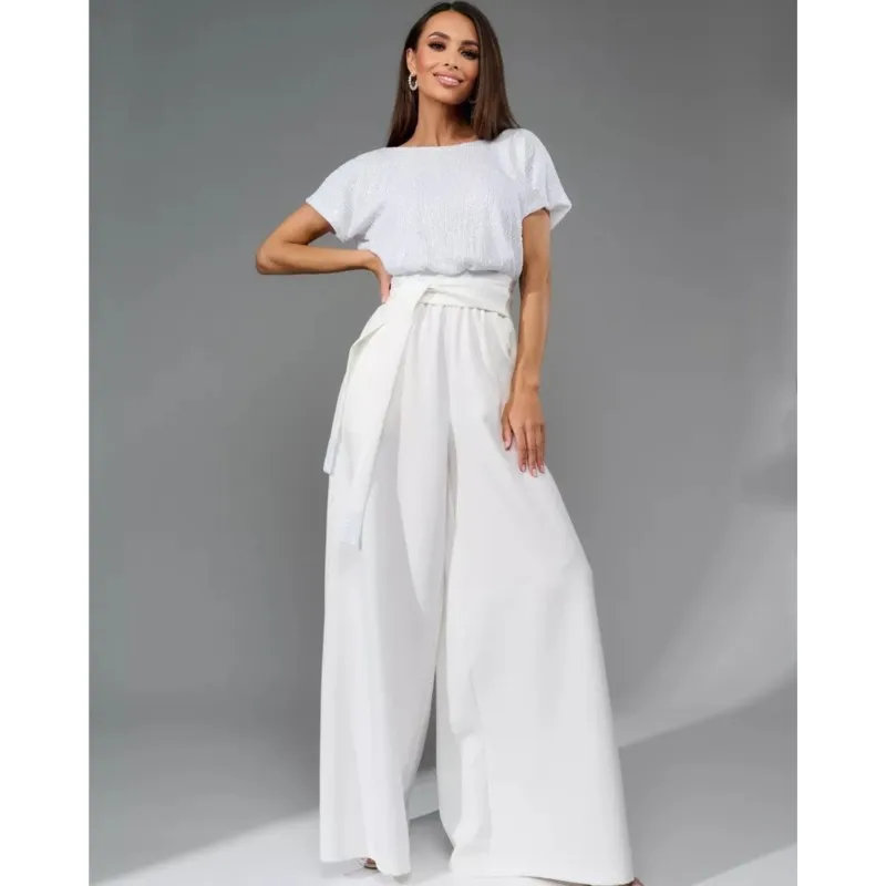 Women's Fashion Sequin Patchwork Jumpsuits 2025 New Casual O-Neck Tie High Waist Jumpsuit Elegant Short Sleeve Jumpsuit