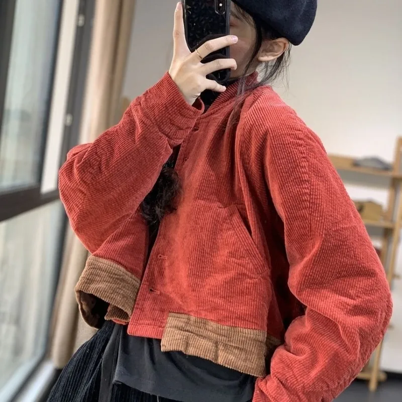 

Women's Autumn Winter Tops Coat Corduroy Arts and Culture Vintage Color Collision Splicing Personalized Slim New Versatile Niche