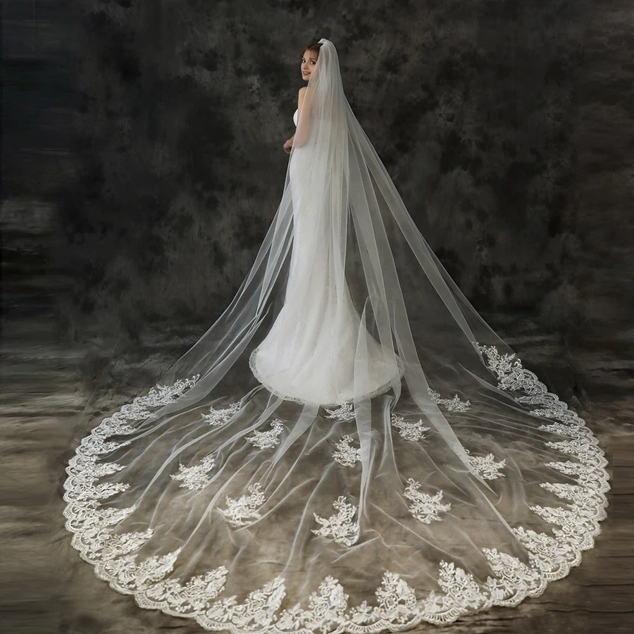 

New Arrival Tulle White Ivory Bride Wedding Veils Appliques Lace Bridal Veil wedding accessories Vestidos novias boda