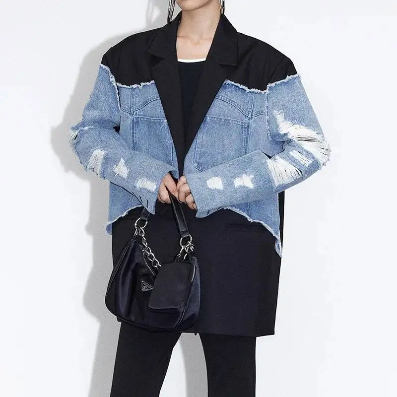 FANAN Streetwear Denim Spliced Blazers Women's Contrast Color Long Sleeve Hollow Out Loose Jackets Female Coats 2025 New Autumn