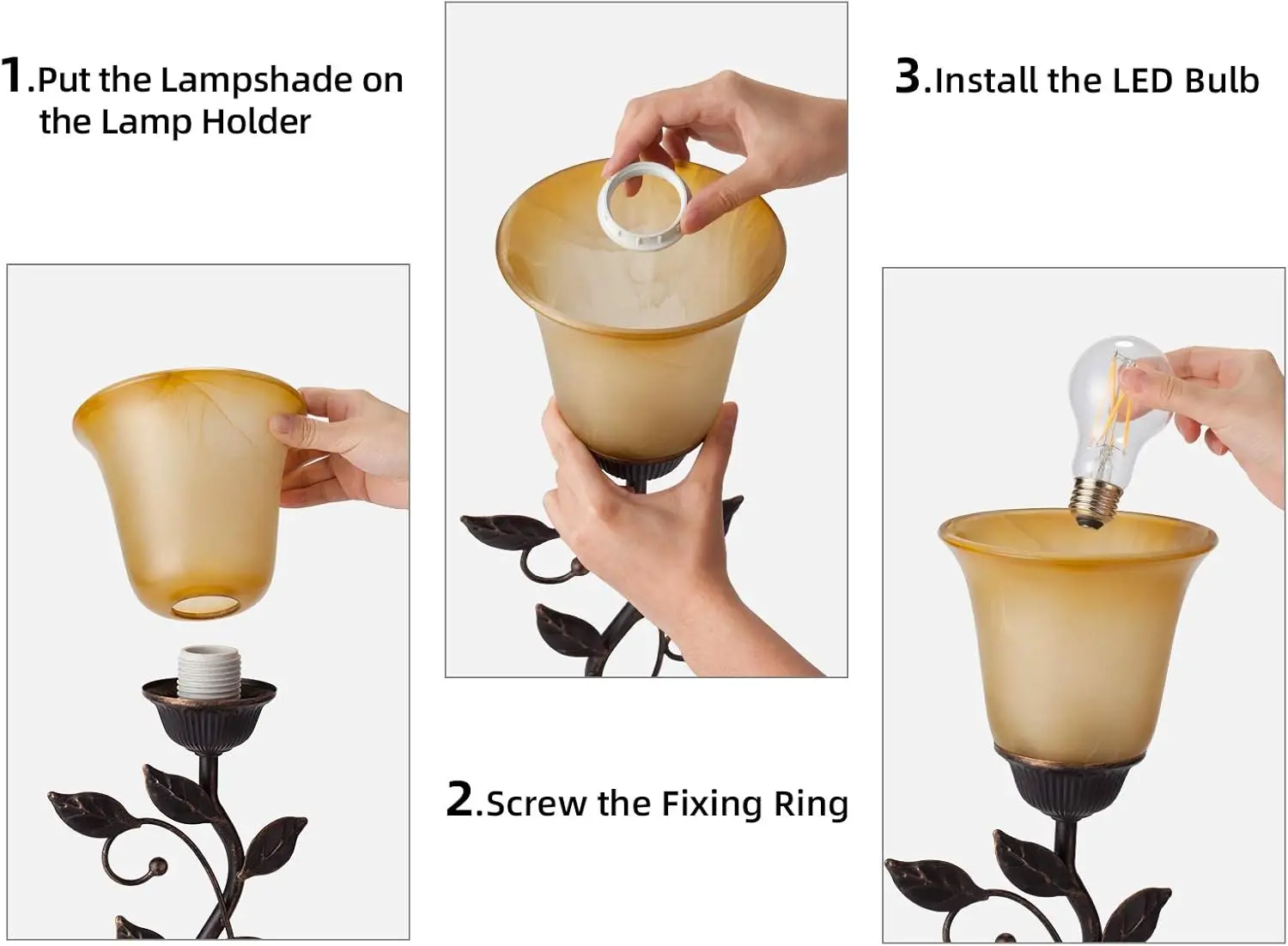 โคมไฟตั้งโต๊ะควบคุมแบบสัมผัสพร้อมพอร์ตชาร์จ USB 2 พอร์ต, โคมไฟข้างเตียงแบบหรี่แสงได้ 3 ทิศทาง, โป๊ะกระจกสีเหลืองอําพันชนบทวินเทจ