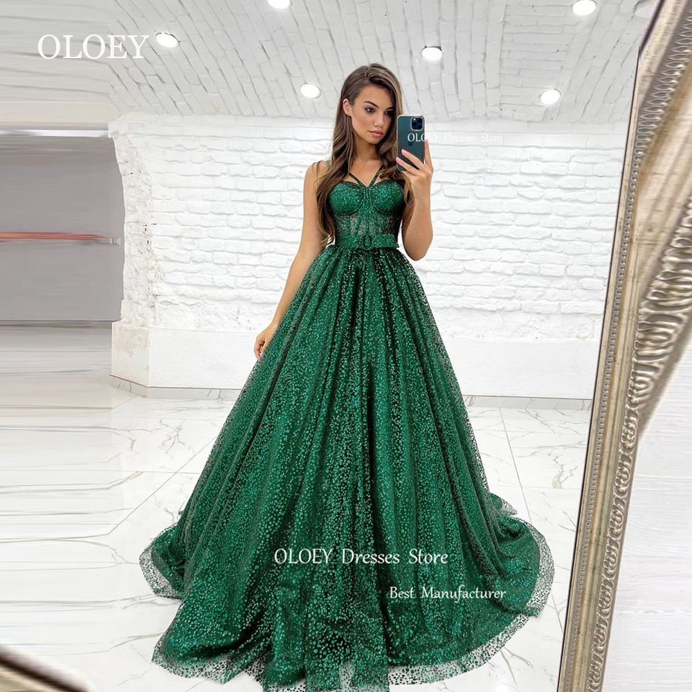 

OLOEY Sparkly Emerald Green A Line Evening Dresses Glitter Straps Princess Long Prom Gowns Formal Party Quinceanera Dress