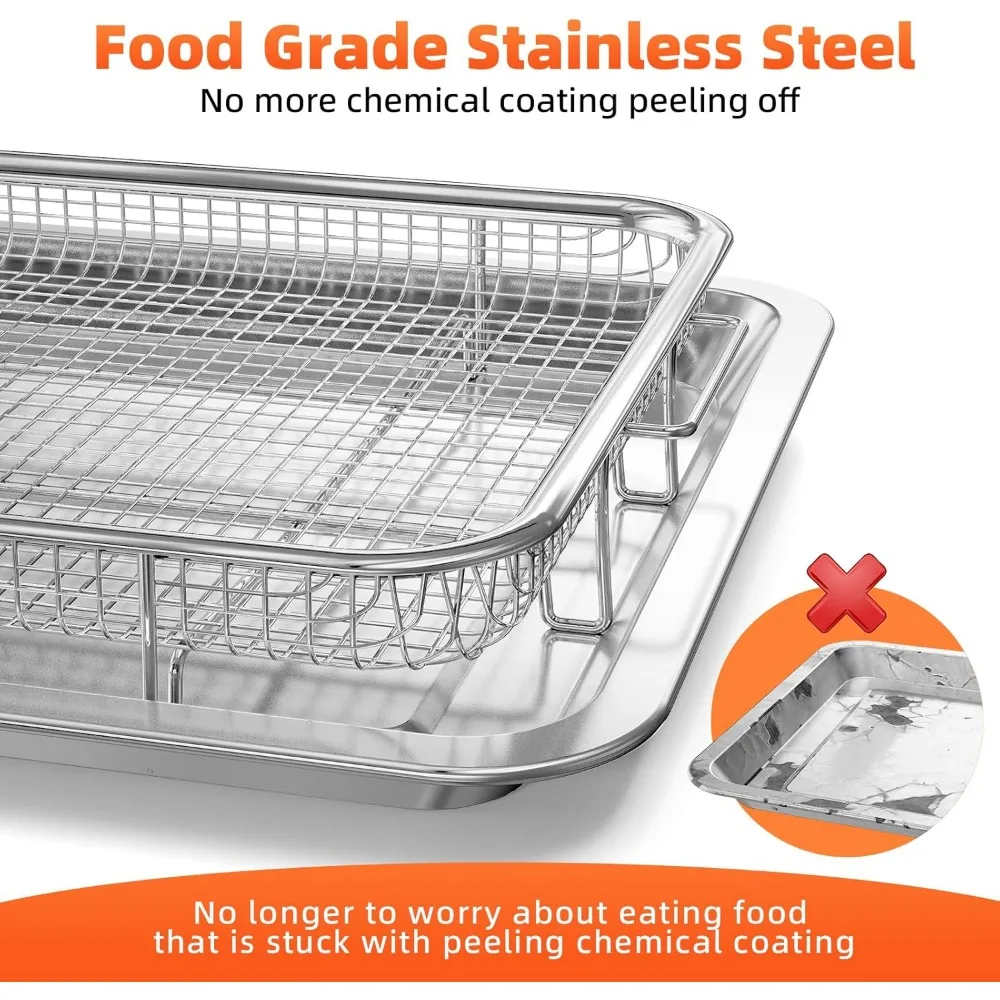 سلة مقلاة هوائية للفرن، طقمين سلة مقلاة هوائية للفرن وصينية مع 60 قطعة من أوراق البرشمان، صينية هش غير لاصقة من الفولاذ المقاوم للصدأ