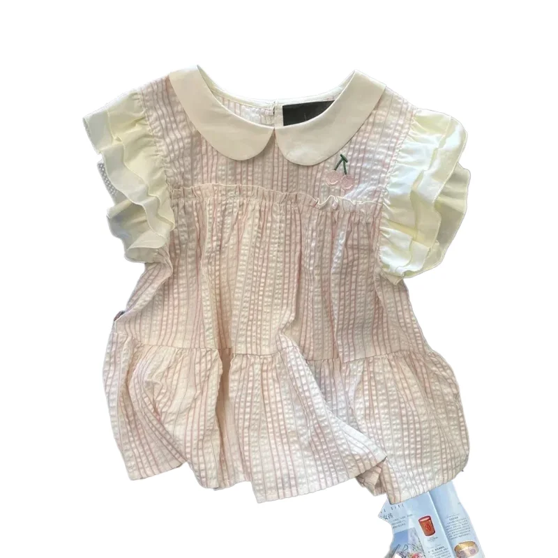 

Japanese Style Sweet Summer New Blouses Women's Patchwork Ruched Embroidered Loose Peter Pan Collar Ruffles Short Sleeve Shirts