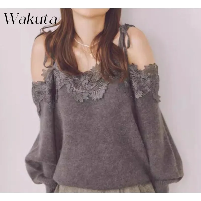 WAKUTA Japanese Fall/Winter One-line Collar Leak Shoulder Splicing Knit Jumper Fashion Simple Embroidered Lace Versatile Sweater