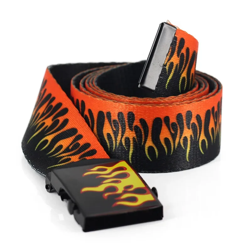 New Style Flame Print Men Women Unisex Plain Webbing Belts High Quality Nylon Belts Fashion Men's Jeans Waist Belt Longer 140cm