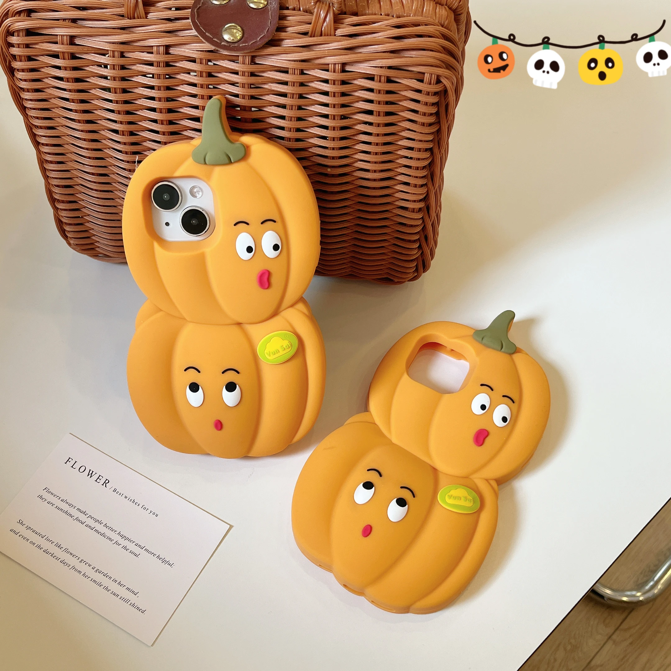 

3D Cute Funny Expression Pumpkin Soft Silicone Phone Case Back Cover, iPhone 12, 13, 14, 15Pro, 15, 16 Pro Max Shockproof Shell