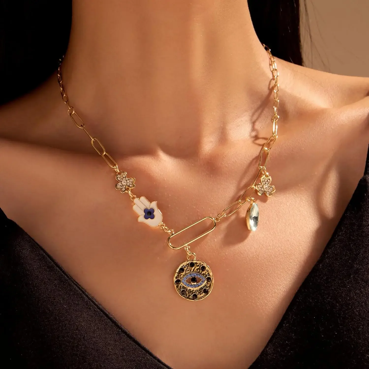 خمر الذهب أربع أوراق البرسيم شرابة قلادة الأبيض النخيل جولة الشيطان العين قلادة القلائد للنساء هدية عيد ميلاد المجوهرات