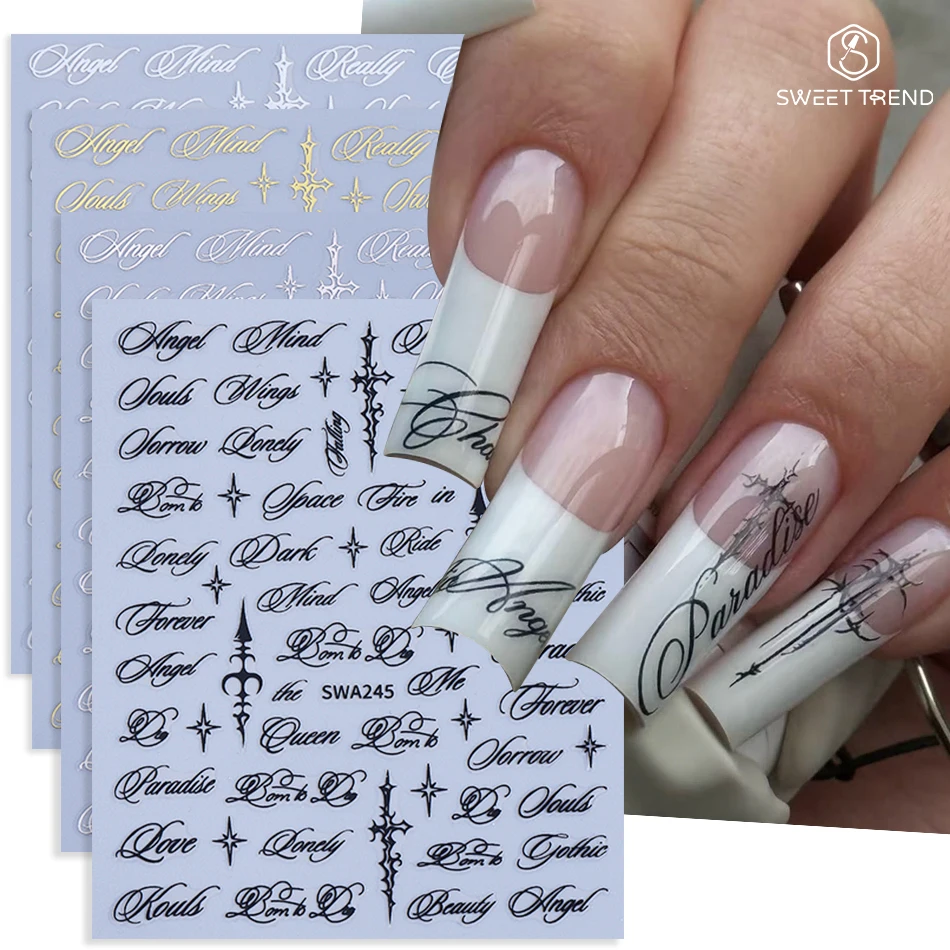4 Stück Englische Buchstaben-Nagelaufkleber im Gothic-Stil, Y2K Cooles Design, Buchstaben-Alphabet-Stern-Klebefolien, DIY Maniküre-Dekorationen