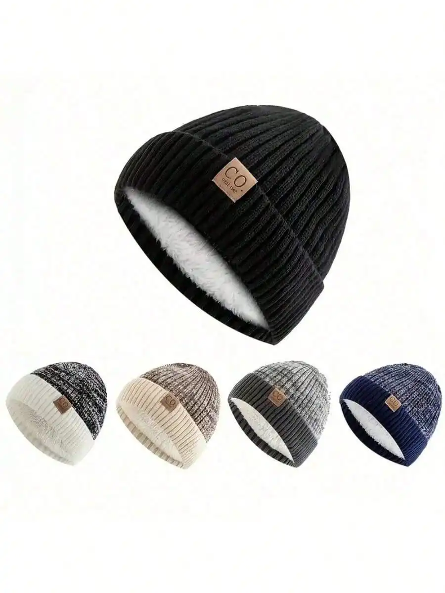 

Men's Retro Winter Knit Hat - Thickened Fleece-Lined Earmuffs For Warmth, Navy Blue/White/Patterned Patches, Soft And Fluffy Lin