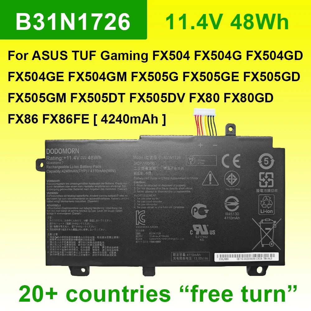 Battery B31N1726 For ASUS TUF Gaming FX504 FX504G FX504GD FX504GE FX505G FX505GD FX505DT FX80 FX80G FX80GE FX80GM FX86FE Series