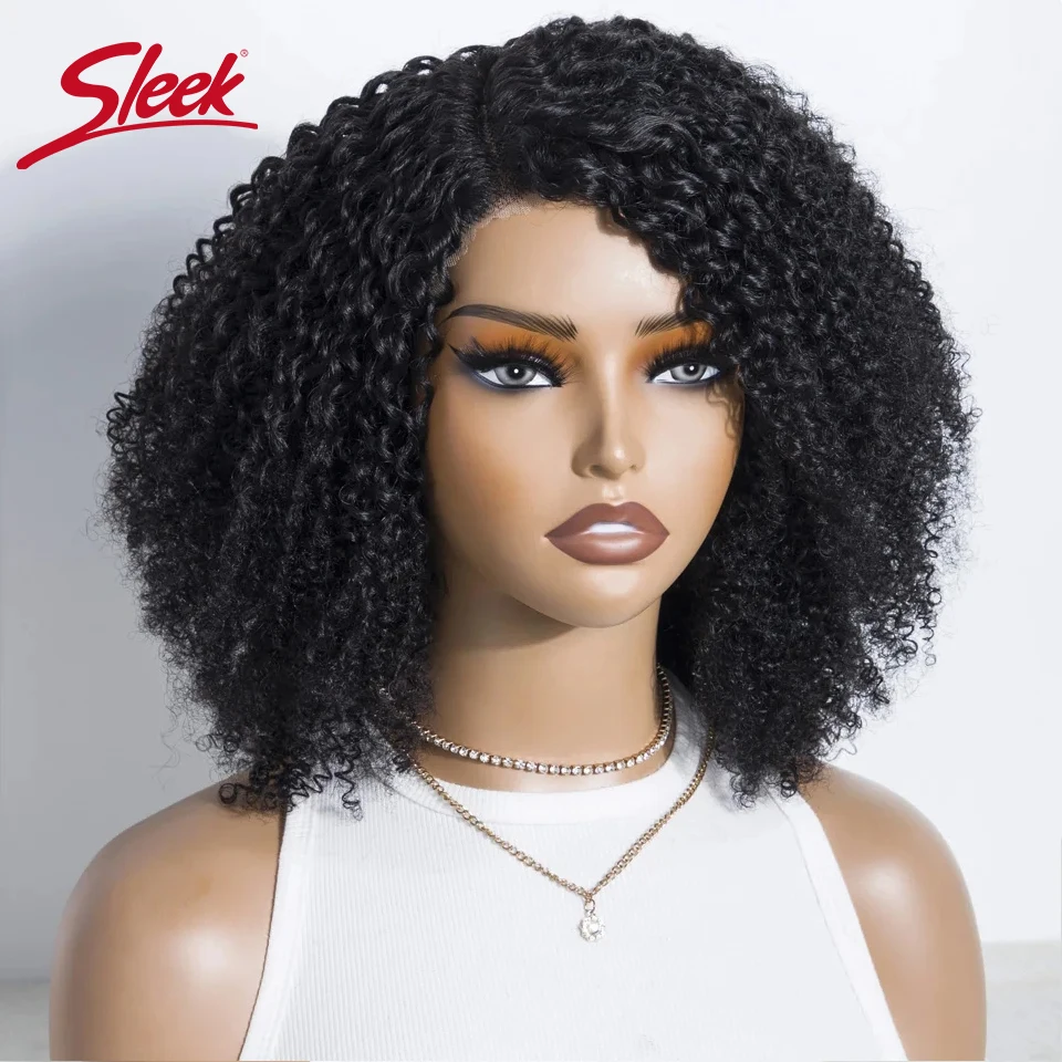 Sleek Brazilian Afro Kinky Curly Bob Wigs Nature Black Dark Human Hair Wigs For Women C Lace Front Part Transparent Remy Hair