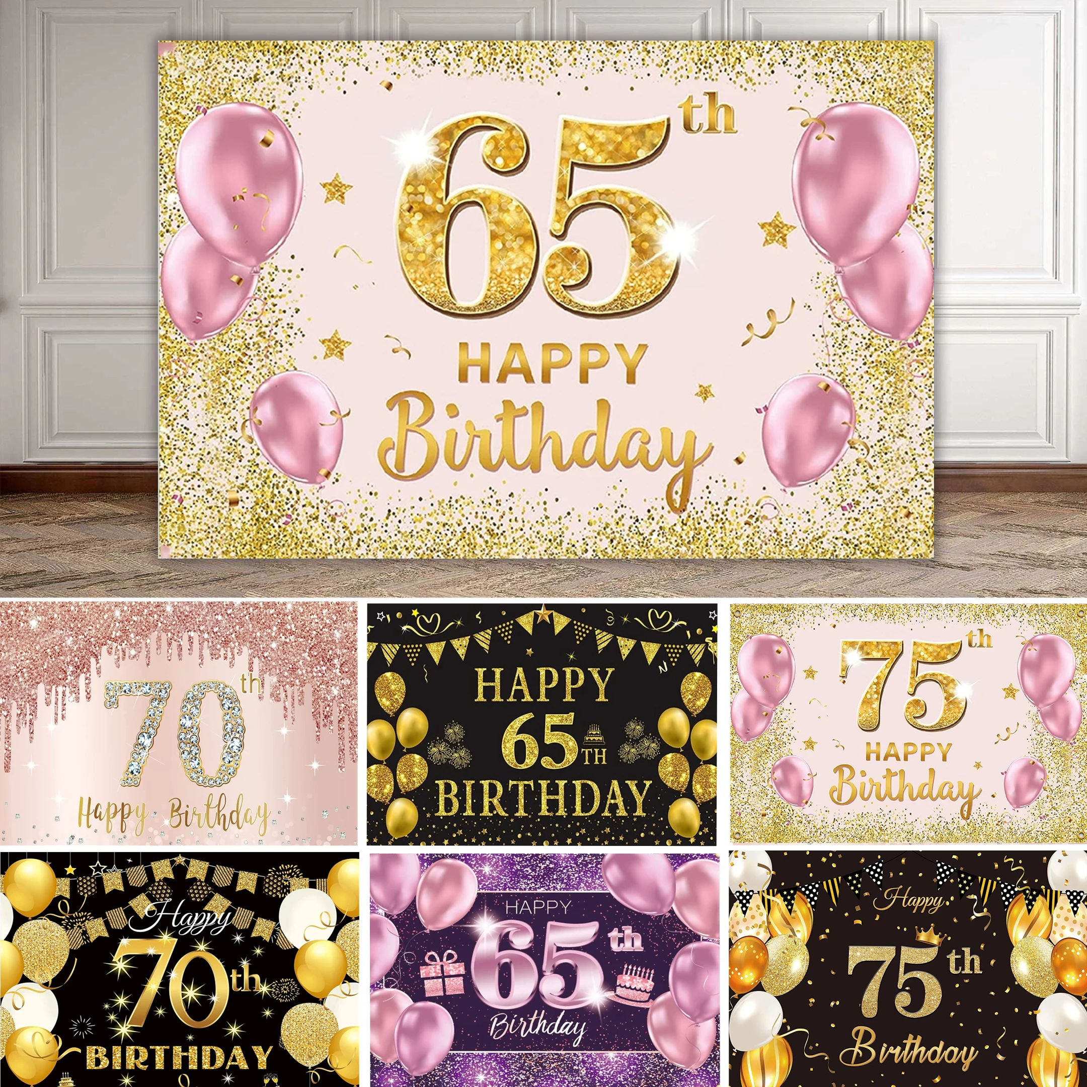 

65th 70th 80th Year Old Birthday Party Background Decor Gift For Parents Poster Adult Gold Pink Spots Shiny Photography Backdrop