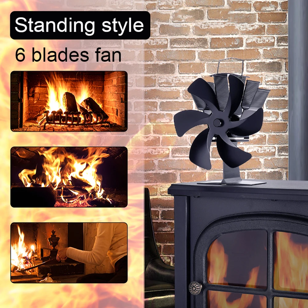 Black Fireplace 6 Blades Heat Powered Stove Fan komin Log Wood Burner Eco Friendly Quiet Fan Home Efficient Heat Distribution