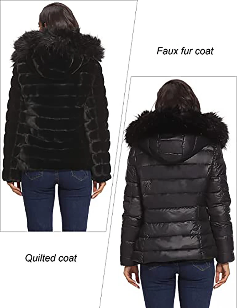 Giolshon Women Winter Double Sided Hooded Puffer Coat Detachable Faux Fur Collar Warm Female Fur Jacket Windproof Down Coat