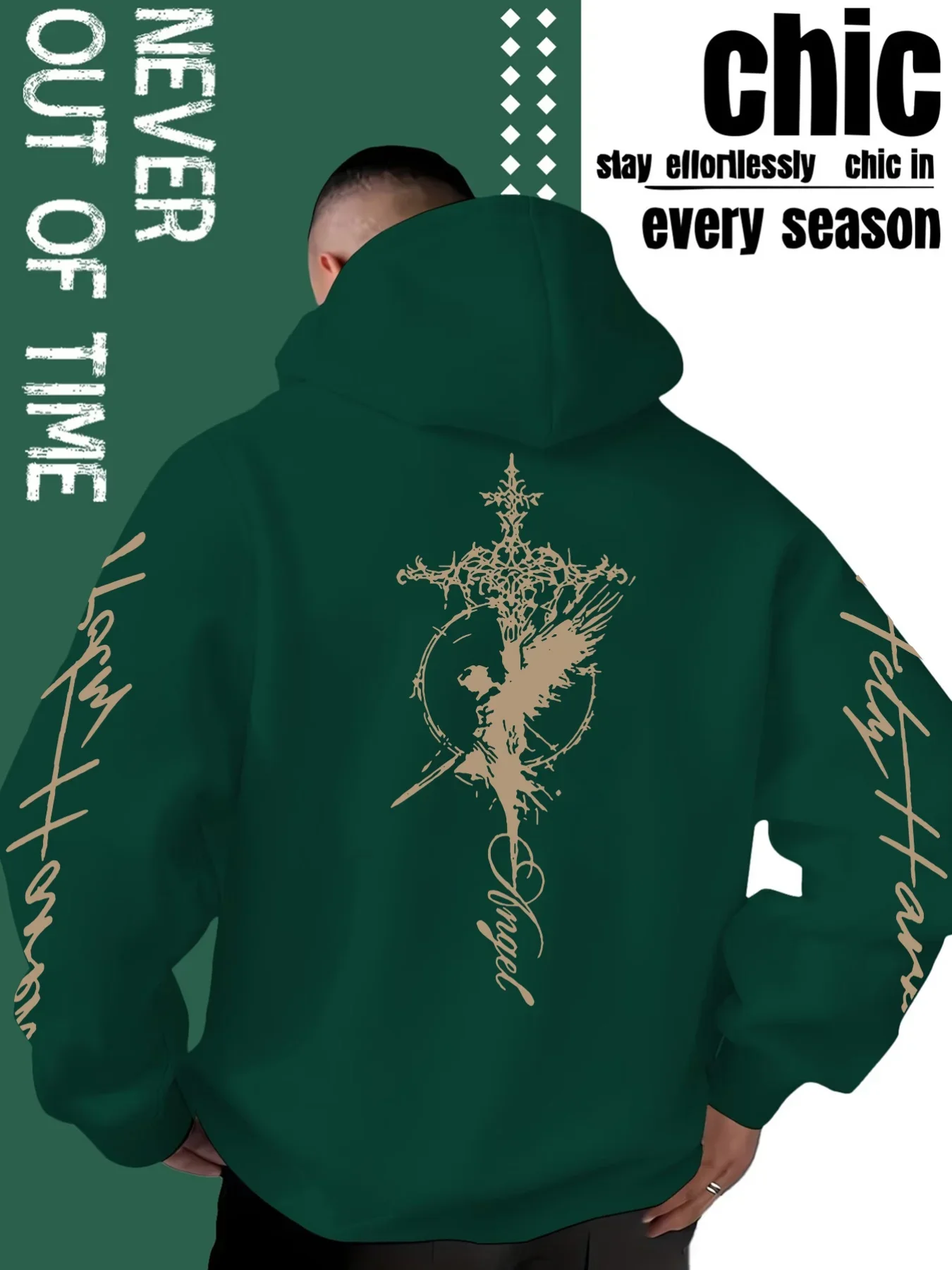 Men's Gothic Angel Cross Hoodie Distressed Script Letter Graphic Back Sleeve Print Vintage Fleece Sweatshirt Streetwear