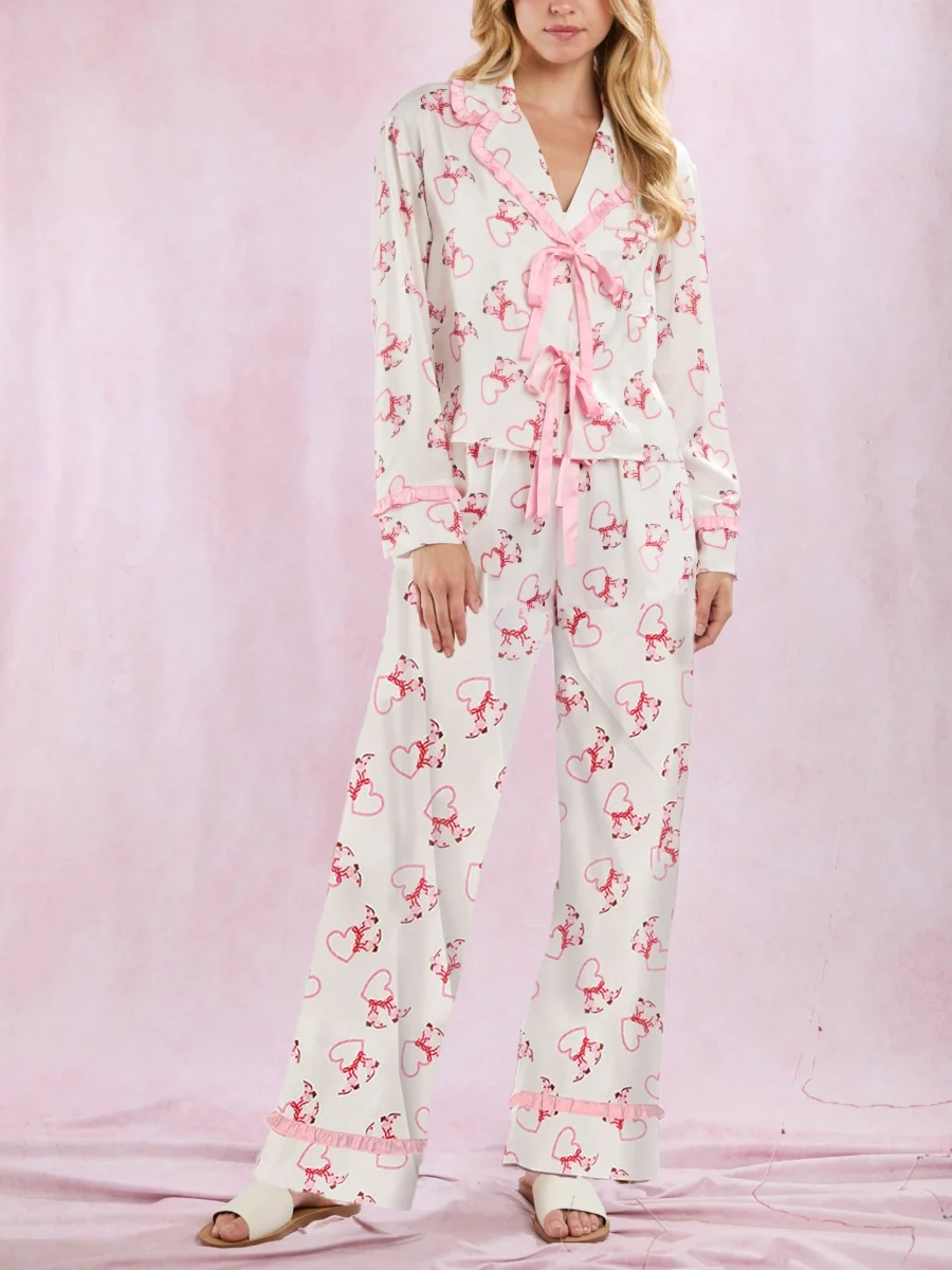 Women Valentine's Day Pajamas Sets Bow Tie Long Sleeve Shirt Pants PJs Sweet Heart Print Loungewear Sleepwear