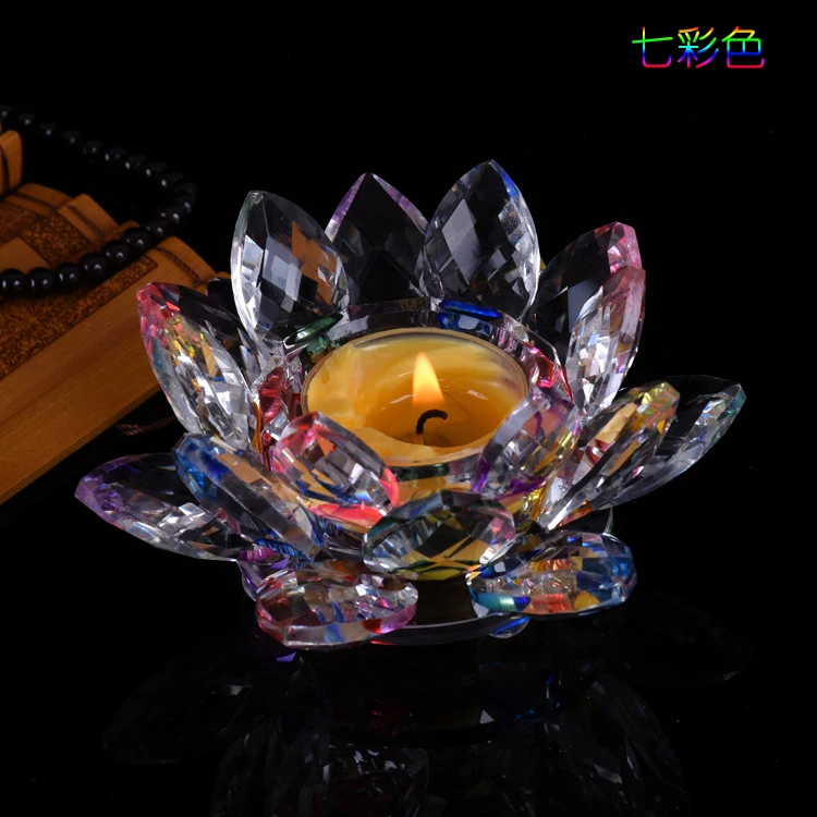 HOT SALE Wholesale Buddhist articles  HOME family Protection Talisman-7P Colored crystal Lotus lamp holder Holy