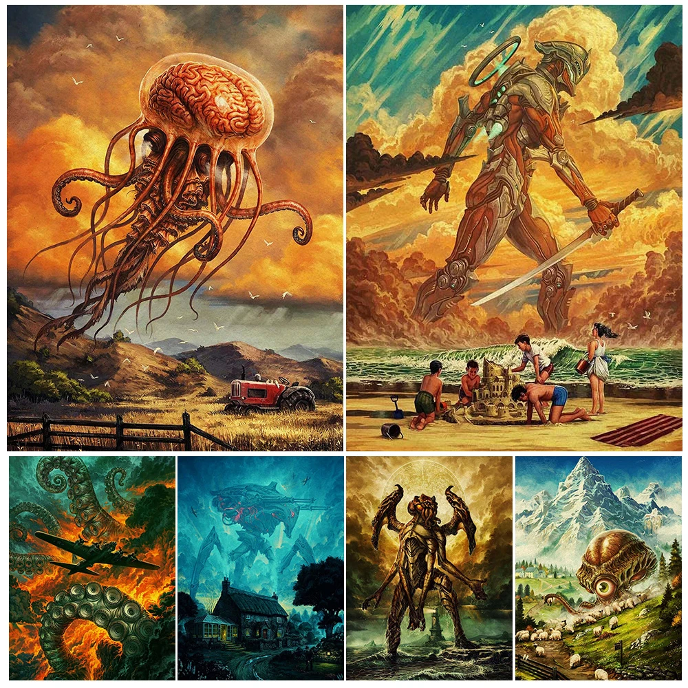

Invasion From Alien Creatures Vintage Wall Art Canvas Painting Surreal Fantasy Mysterious Alien Art Poster And Print Home Decor