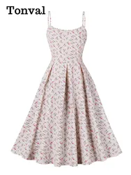 Tonval Spaghetti Strap Summer Vintage Floral Pleated Dresses for Women 2024 O-Neck Vacation Beach Summer Midi Dress