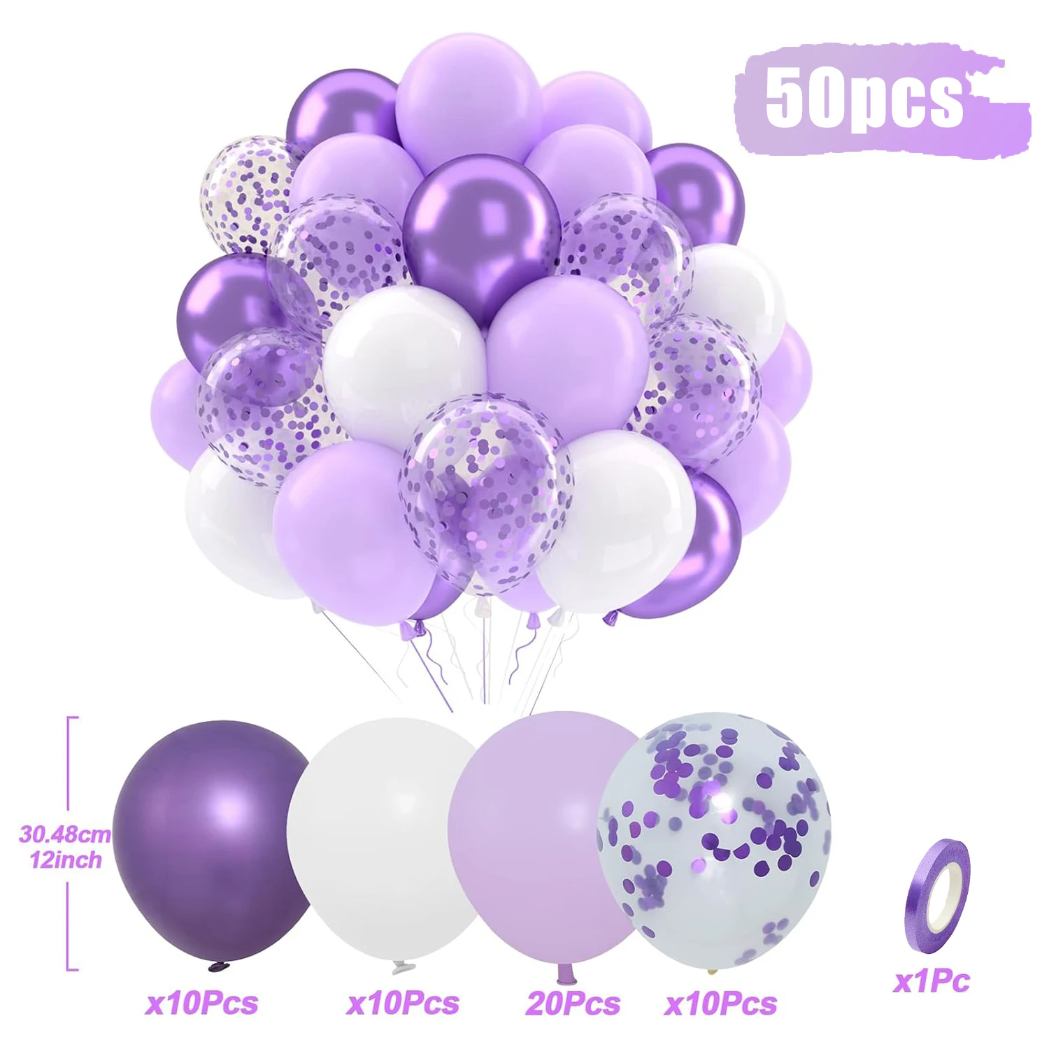 Globos de látex morados, azules y rosas de 12 pulgadas, 50 Uds., con confeti, adecuados para bodas, cumpleaños, fiestas de moda, duchas de novia
