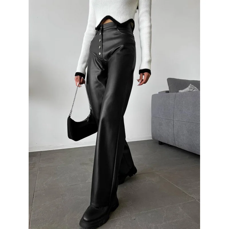 Europe and America Cross Border Women's Clothing2024Amazon Autumn and Winter High Waist Leather Stitching Trousers Women's Casua