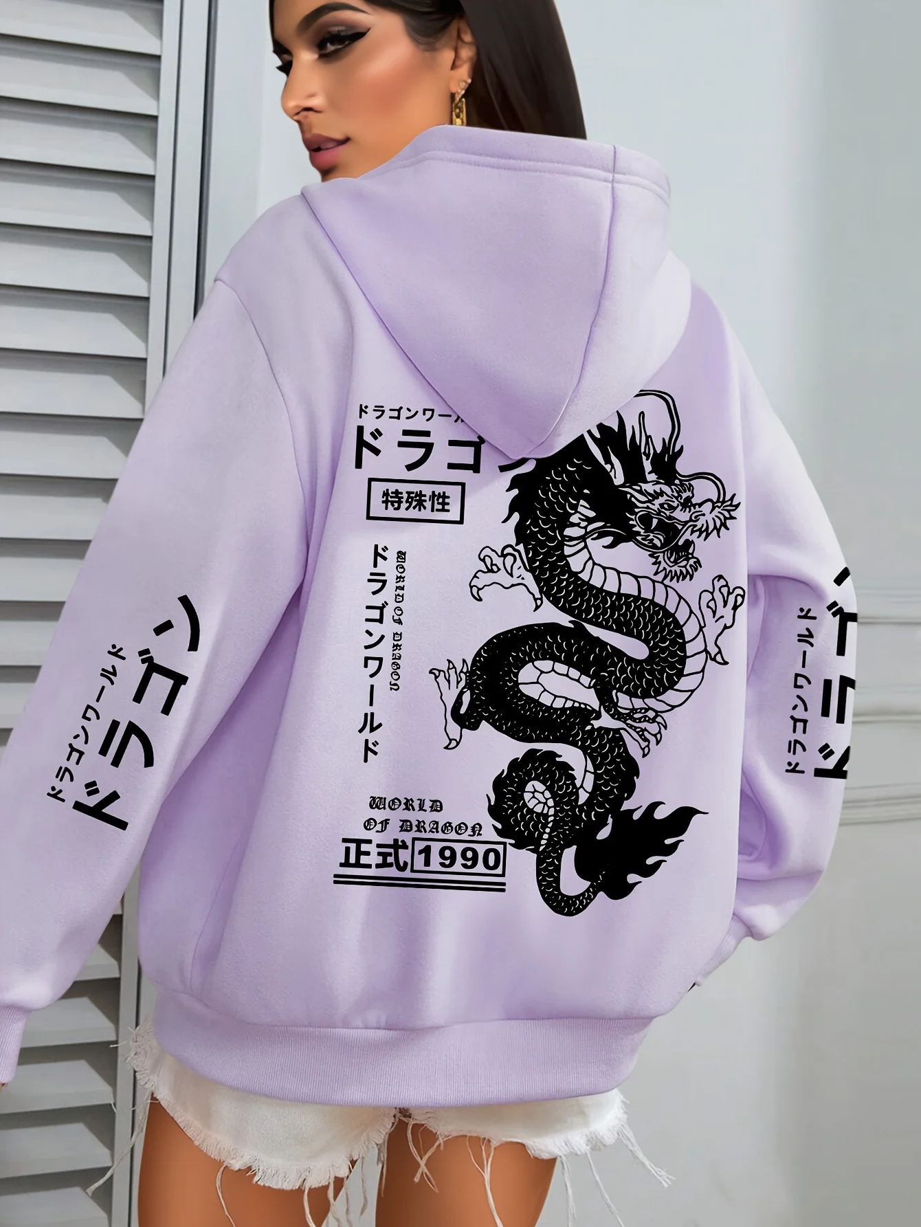 Japanischer Drachen-Grafik-Hoodie für Damen, Streetwear, Rücken- und Ärmel-Print, Kapuzenpullover, lässiger, lockerer, übergroßer Pullover-Hoodie – Detail 10