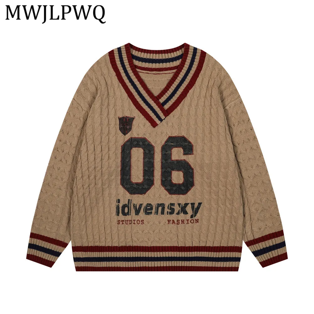 

MWJLPWQ Letter Printed V-Neck Pullover Knitted Tops Male Autumn Loose Long Sleeve Unisex Casual Sweater Trendy Spring New 13552