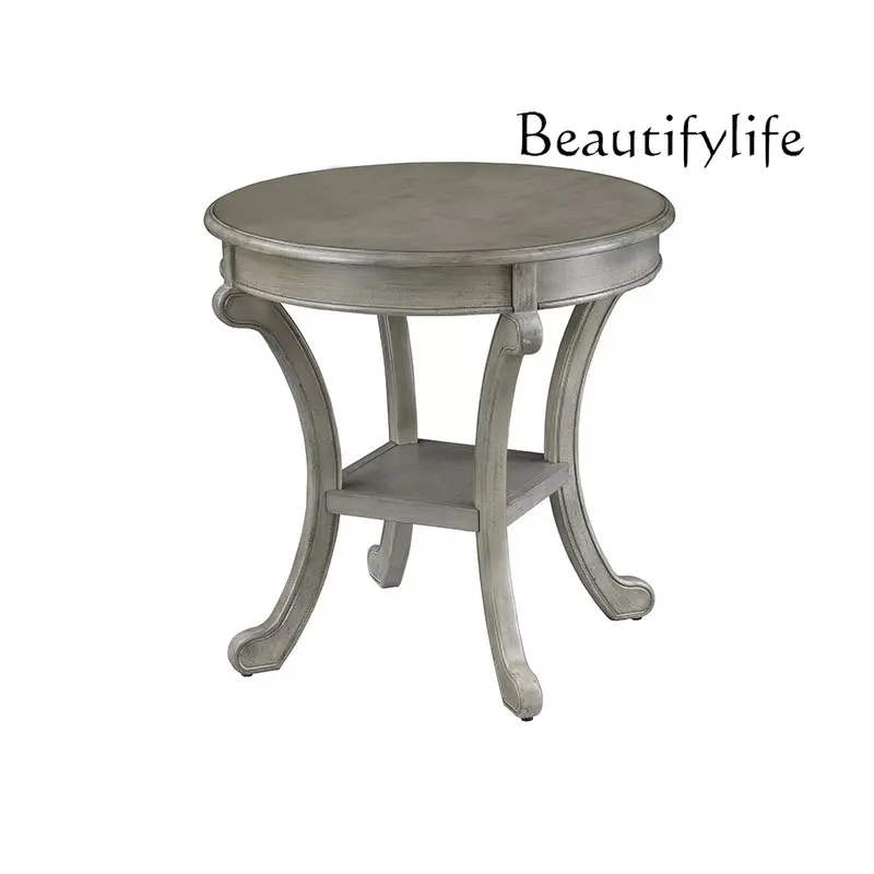 

French retro solid wood edge, living room, sofa corner, balcony, casual round small apartment tea table