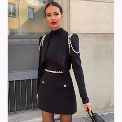 New Women's Suit Set Luxury Rhinestone Dress Birthday Party Long Sleeve Off Waist Design High Waist Half Two Piece