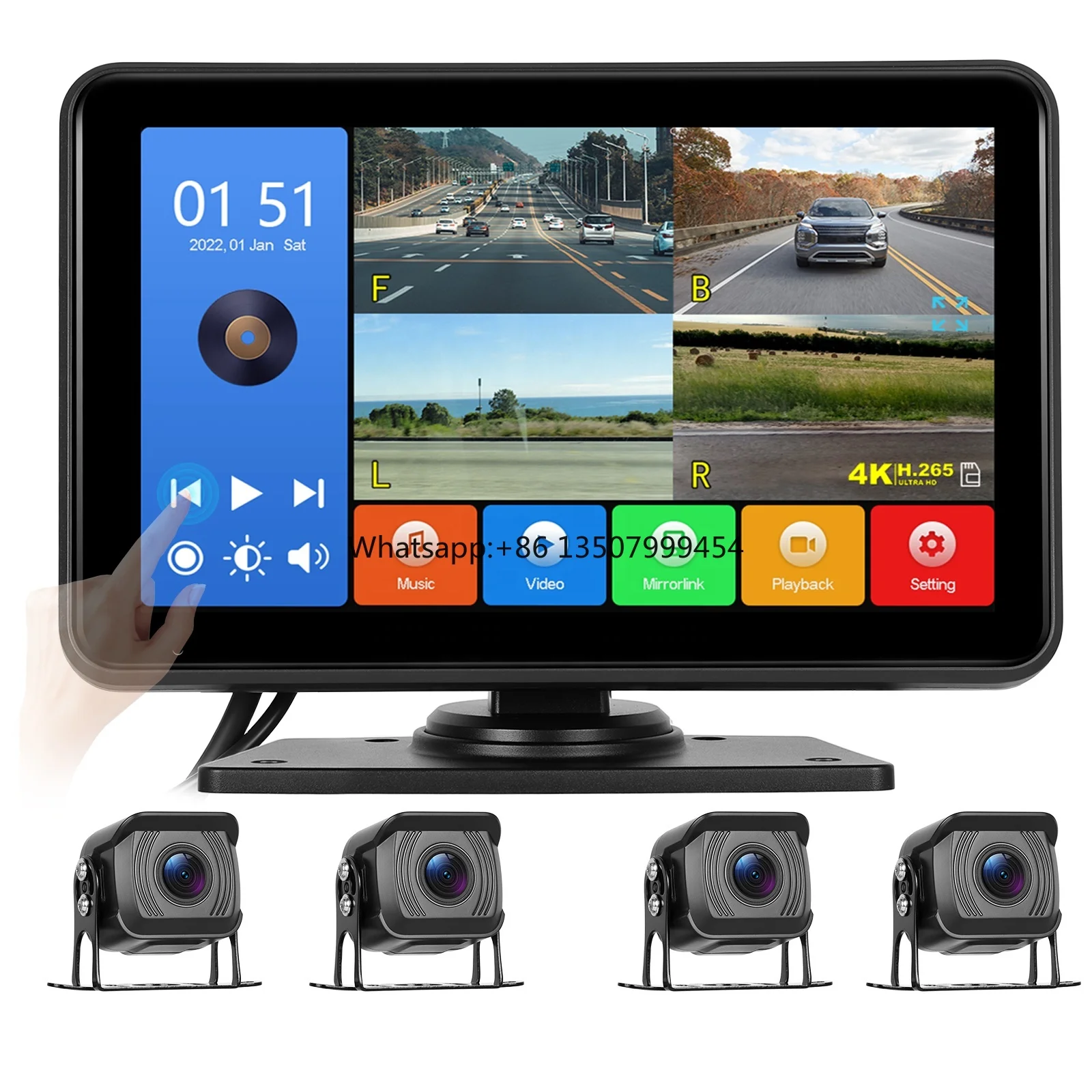 

7" Touch Screen DVR Monitor Split Screen AHD 1080P USB MP3 MP5 Player Loop Recording 4 Rear Backup Cameras 12-36v for Rv Caravan