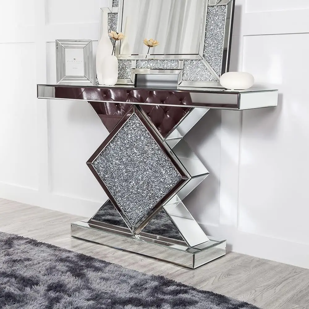 Console Table Mirrored, Silver Entryway Table with Diamond Finished, 47.2'' Glass Sofa Table for Living Room Hallway Entrance