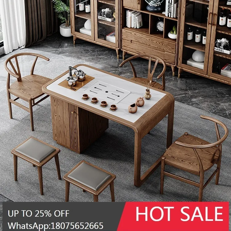 

MJY Solid Wood Tea Table with Rock Board New Chinese Style Kung Fu Tea Table with Integrated Automatic Kettle