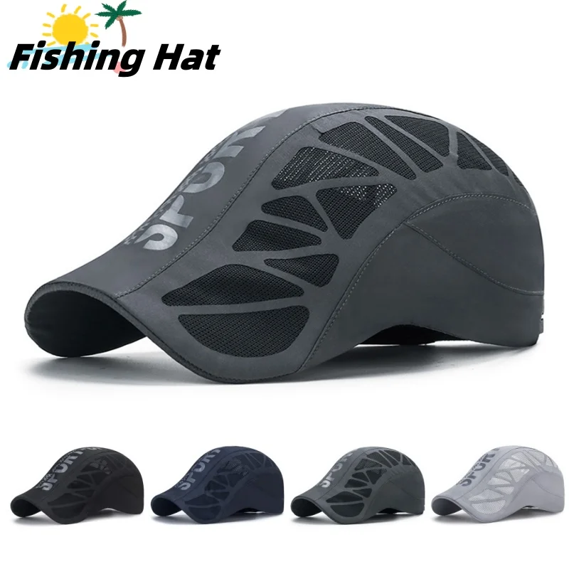 Sommer Atmungsaktives Mesh Schnell Trocknend Angeln Hut An-ti UV Brief Gedruckt Golf Baseball Kappe Sport Laufen Sonnenhut Zeitungsjunge baskenmütze Kappe