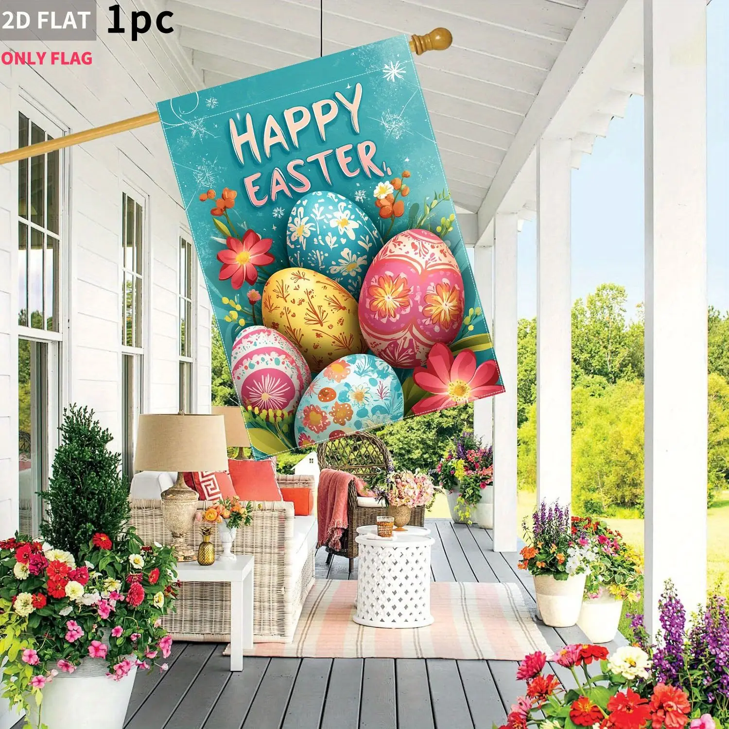 

2D FLAT 1pc Double-Sided garden flag Happy Easter Eggs Flowers Spring Decor 28x40 Inch Polyester fabric, Perfect for Patio, Gard
