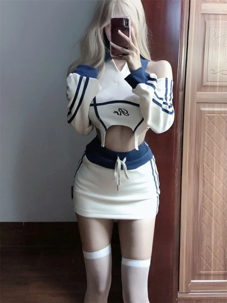 Hikigawa Chic Fashion Women Streetwear Y2k Sports Casual 2 Set Off Shoulder Crop Top Mujer+Drawstring High Waist Mini Skirts