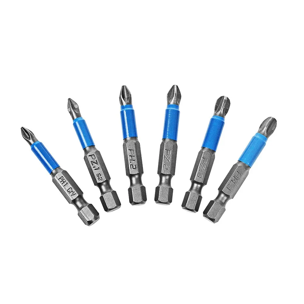 6Pc Bits Set Alloy Steel 50mm Impact Anti Non-Slip Magnetic Cross Tip PH1/PH2/PH3/PZ1/PZ2/PZ3 For 1/4\