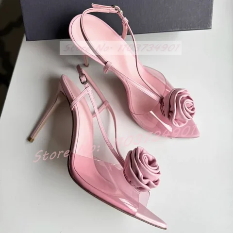 Rose Flower Slingback Rosa Sandaler Kvinnor Fest Elegant PVC Spetsig Tå Stilett Högklackade Skor Dam Söt Casual Trendiga Sandaler 6 best sales rosa klackar - №5
