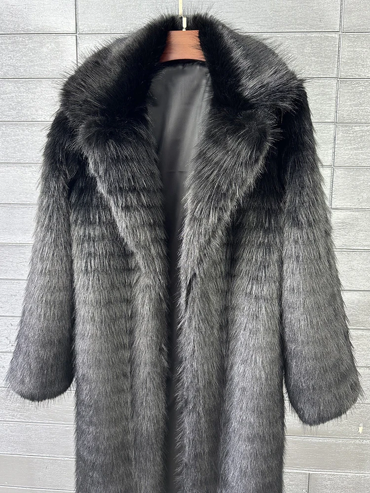 [EAM] Black Long Elegant Big Size Faux Fur Jacket New Lapel Long Sleeve Women Coat Fashion Tide Autumn Winter 2026 1DJ8886