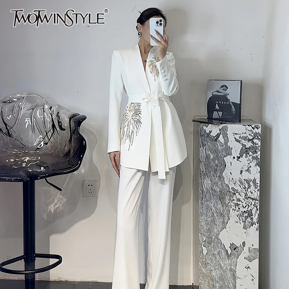 

TWOTWINSTYLE Solid Slimming Two Piece Sets for Women V Neck Long Sleeves Patchwork Sequins Top High Waist Pant Fashionset Female