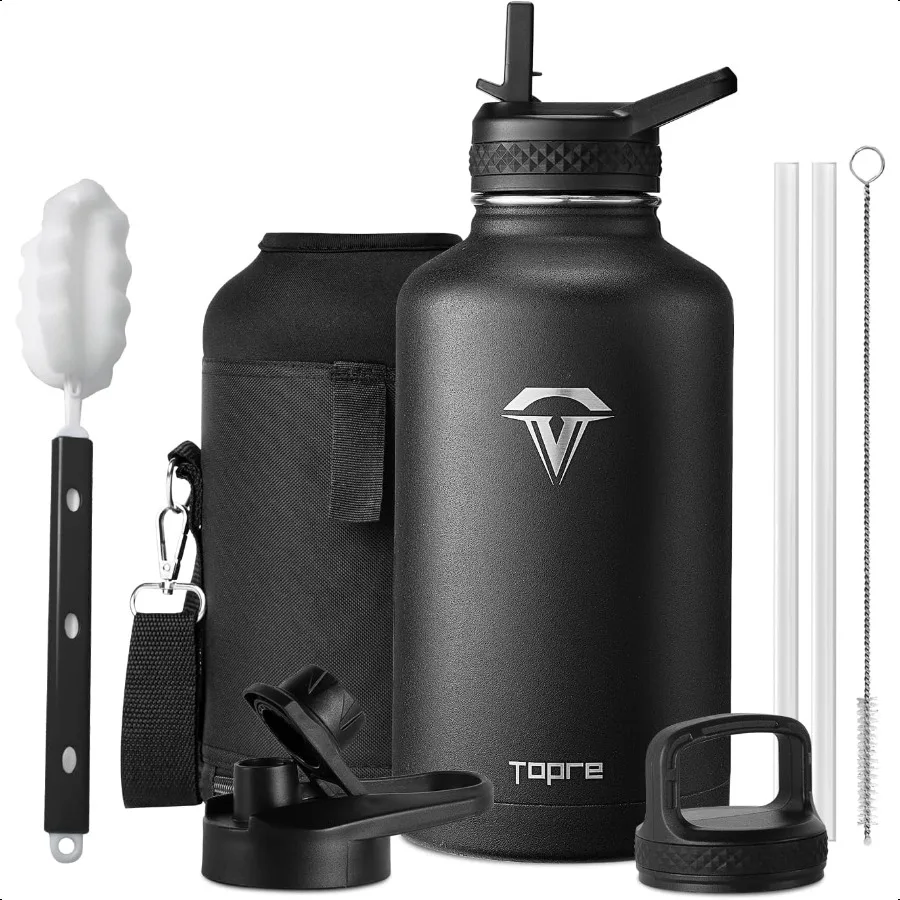 

64 oz Stainl Steel Insulated Water Bottle with 3 Lids Black
